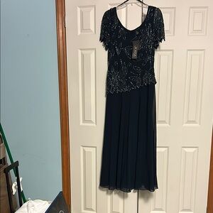 J Kara Deep Navy Blue Silver Embellished Midi Gown with Flutter Sleeves Size 10P